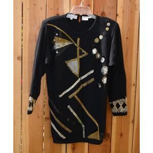 Vintage 1980s Shannan Black Sweater with Silver Gold Star Embellishment